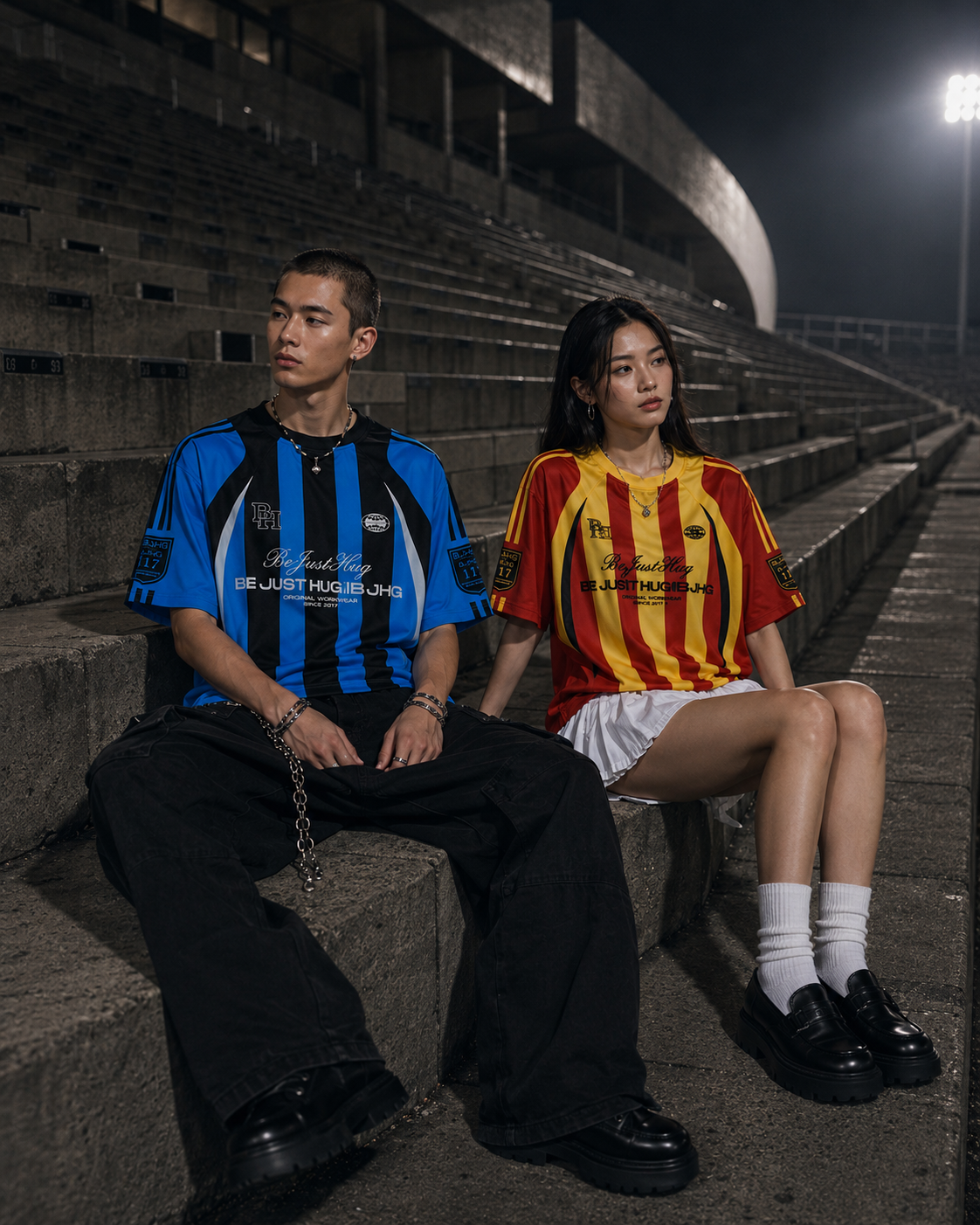 Two models sitting on concrete stadium steps at night, wearing soccer jerseys. 